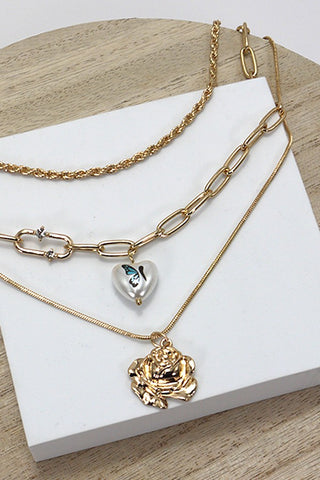 PEARL HEART FLOWER MULTI LAYER NECKLACE | 25N636