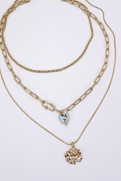 PEARL HEART FLOWER MULTI LAYER NECKLACE | 25N636