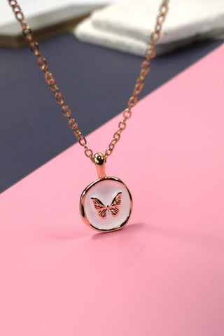 ROUND EPOXY BUTTERFLY HEART PENDANT NECKLACE | 31N23000