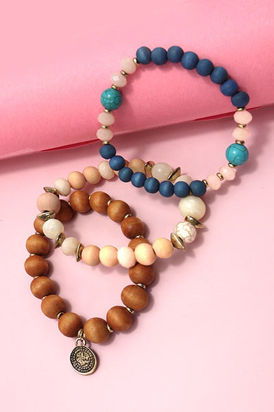 3 ROW COLOR WOOD NATURAL BEAD STRETCH BRACELET SET | 10B3010605