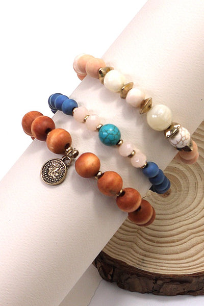 3 ROW COLOR WOOD NATURAL BEAD STRETCH BRACELET SET | 10B3010605