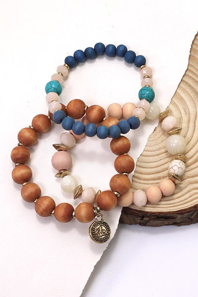 3 ROW COLOR WOOD NATURAL BEAD STRETCH BRACELET SET | 10B3010605