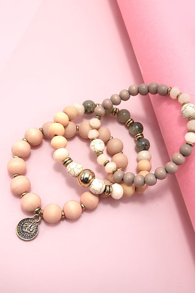 3 ROW WOOD NATURAL BEAD STRETCH BRACELET SET| 10B3010604