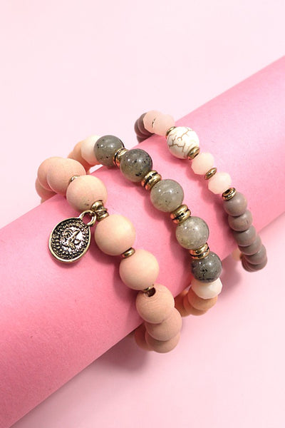 3 ROW WOOD NATURAL BEAD STRETCH BRACELET SET| 10B3010604