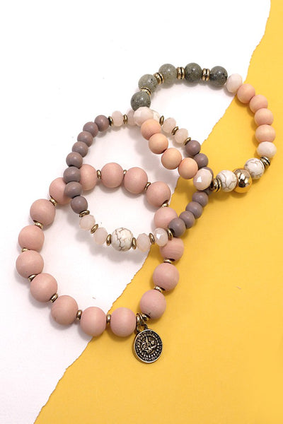 3 ROW WOOD NATURAL BEAD STRETCH BRACELET SET| 10B3010604