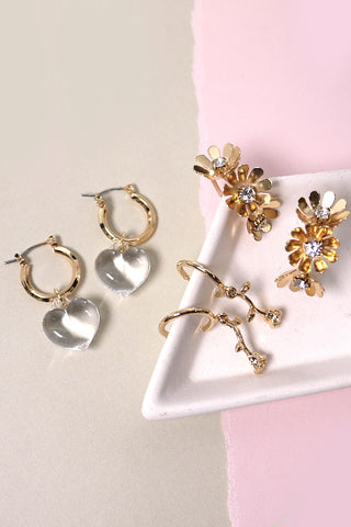 MINI HOOP TRIO FLOWER HEART EARRINGS  | 80E309