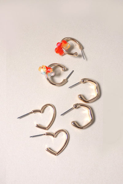 MINI HOOP TRIO HEART FLOWER HEXAGON EARRINGS | 80E312