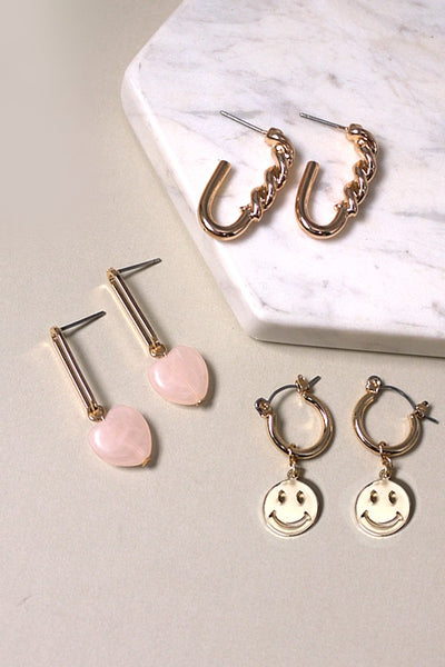 MINI HOOP TRIO  SMILEY HEART HUGGIE EARRINGS | 80E378